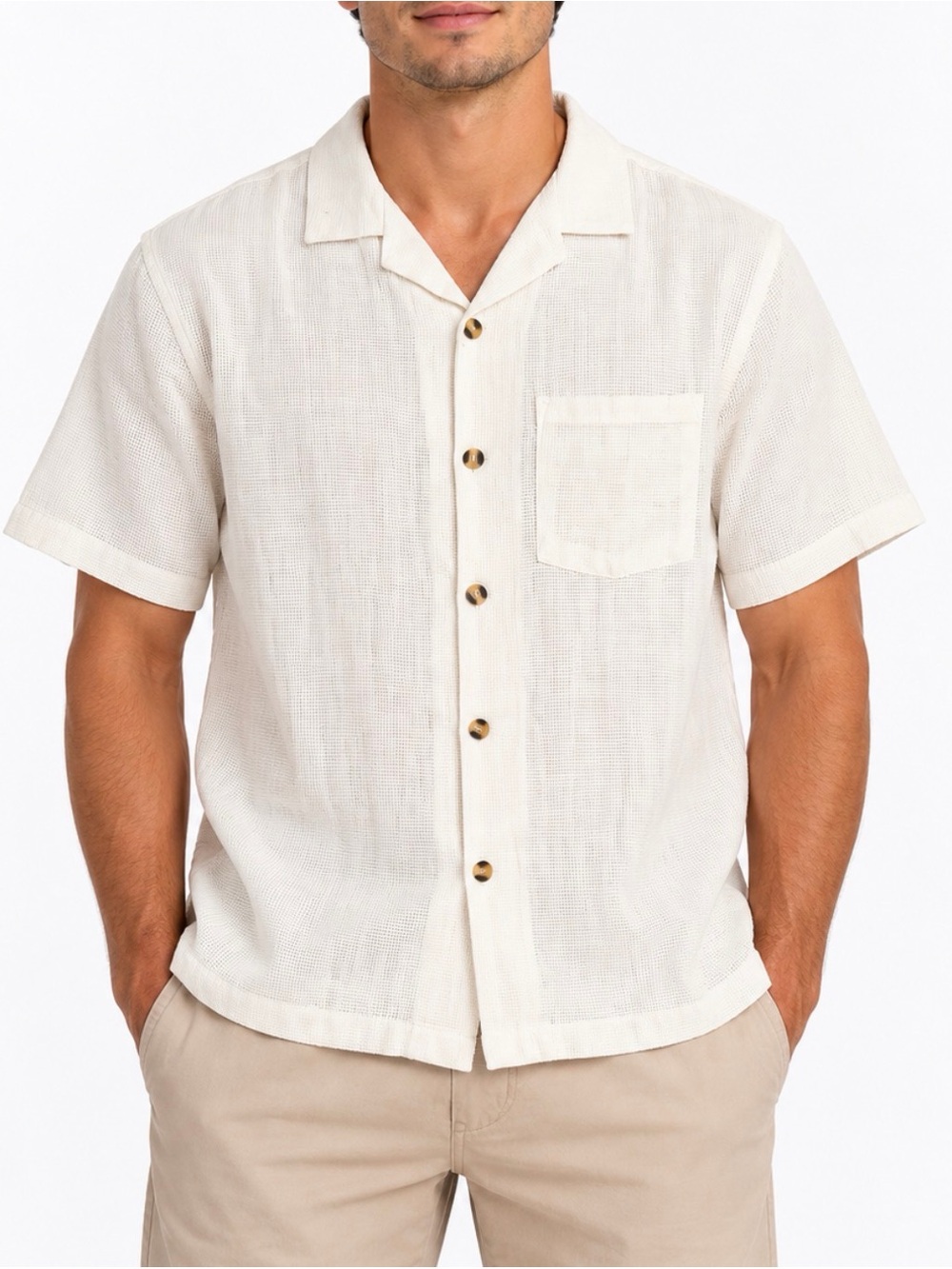 Cotton On Cream Linen Short-Sleeve Button-Down Camp Collar Shirt | Mens XL